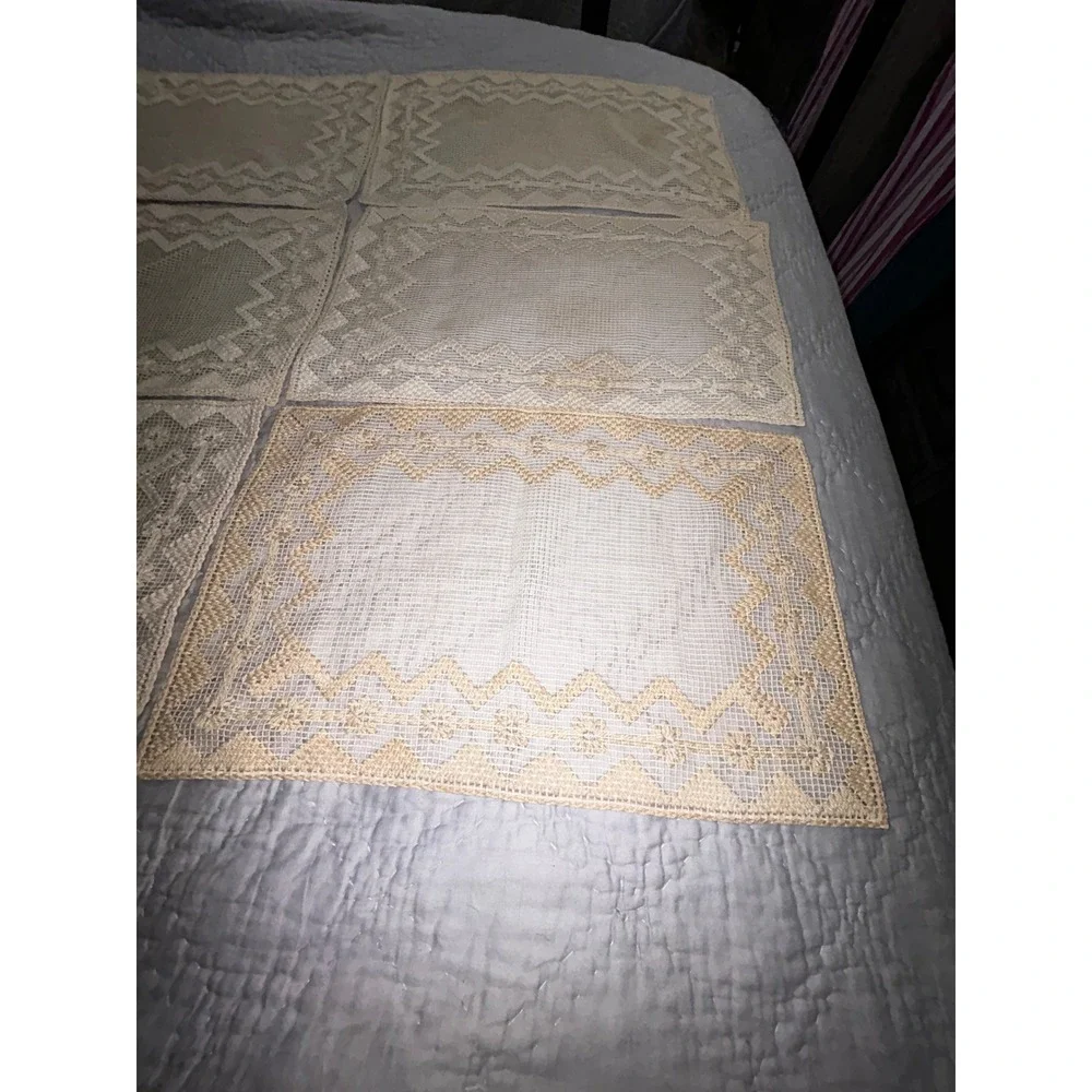 Vintage Lace Placemats Set of 6 Cream Floral Crochet Cottagecore Shabby Handmade